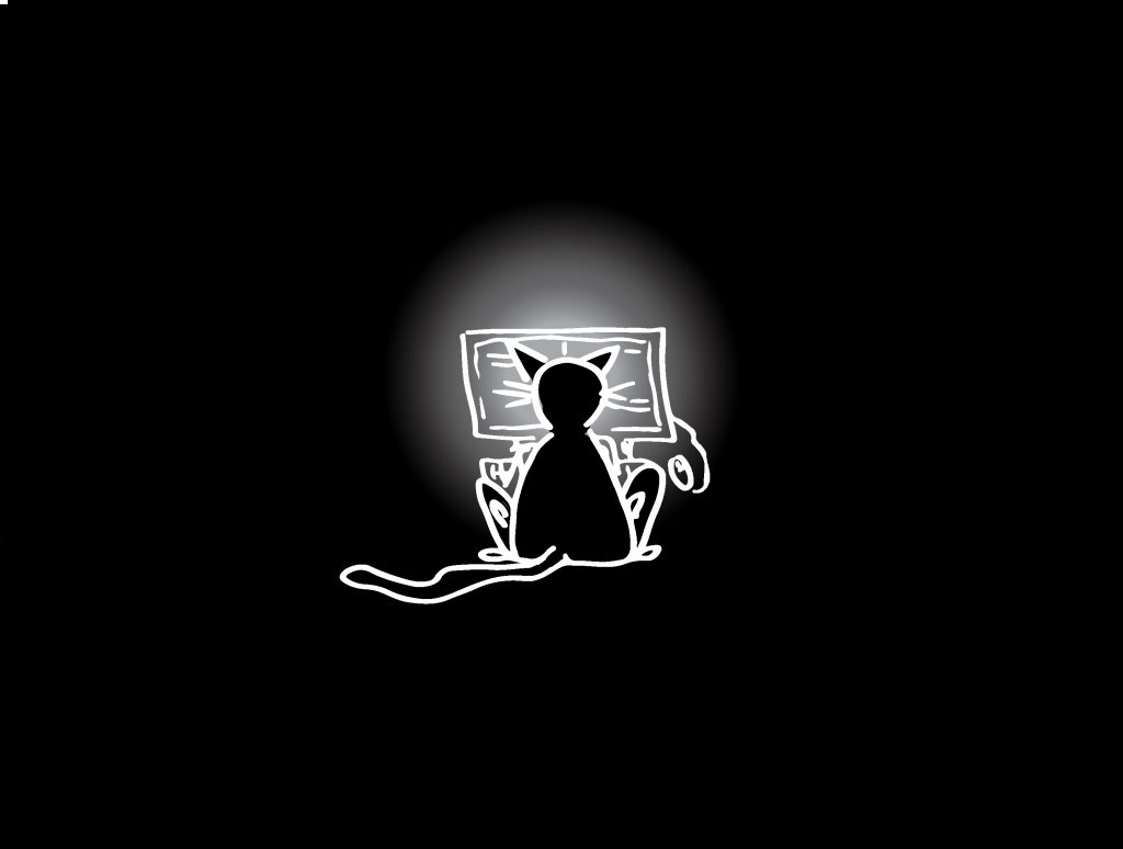Weiße Zeichnung auf schwarzem Grund von einer Katze vor einem Computer sitzend