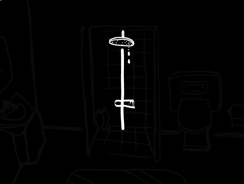 Weiße Zeichnung auf schwarzem Grund von einem Schwert welches einen ovalen Gegenstand durchbohrt