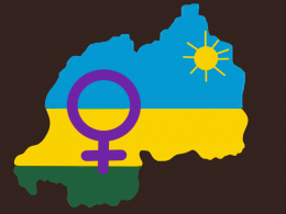 Skizze von Ruandas Flagge in der Form des Landes, davor das Frauen-Symbol