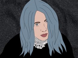 Illustration von Billie Eilish vor einem schwarzen Hintergrund. Sie hat blaue Haare, viele Silberketten und blickt ernst in die Kamera