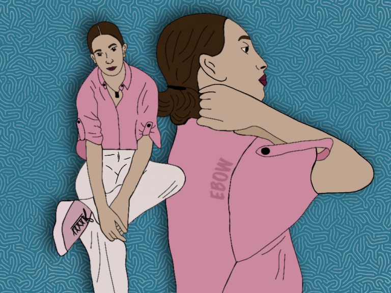 Illustration von Rapperin Ebow, sie ist einmal lässig an einer Wand angelehnt und einmal im Profil zu sehen. Sie trägt ein rosa Hemd und steht vor einem Türkisen Hintergrund