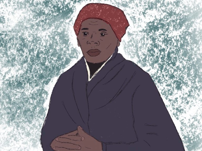 Illustration von Harriet Tubman gezeichnet mit Bleistift. Sie trägt einen blauen Mantel und ein rotes Kopftuch und schaut ernst Richtung Kamera