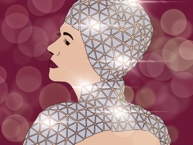 Illustration von Lady Oelectric. Ihr kompletter Kopf und ihre Schultern sind mit dreieckigen Spiegeln bedeckt, die im Licht aussehen, wie eine Diskokugel