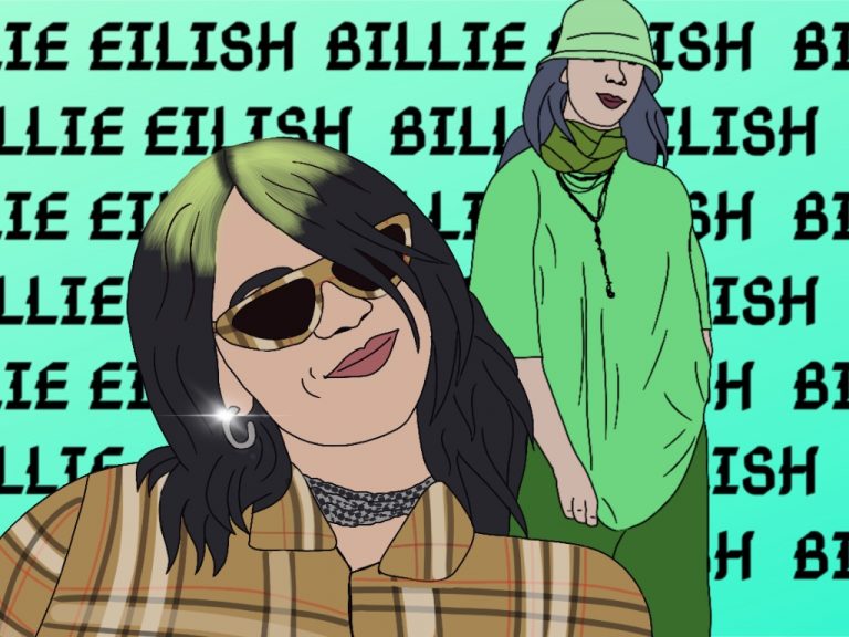 Illustration von Billie Eilish. Links ist sie lächelnd mit einer Sonnenbrille zu sehen, rechts sieht man ihren ganzen Körper. Sie trägt ein grünes, weites Outfit.