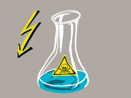 Zeichnung eines Erlenmeyerkolbens mit blauer Flüssigkeit und einem giftig-Symbol, daneben ri Blitz