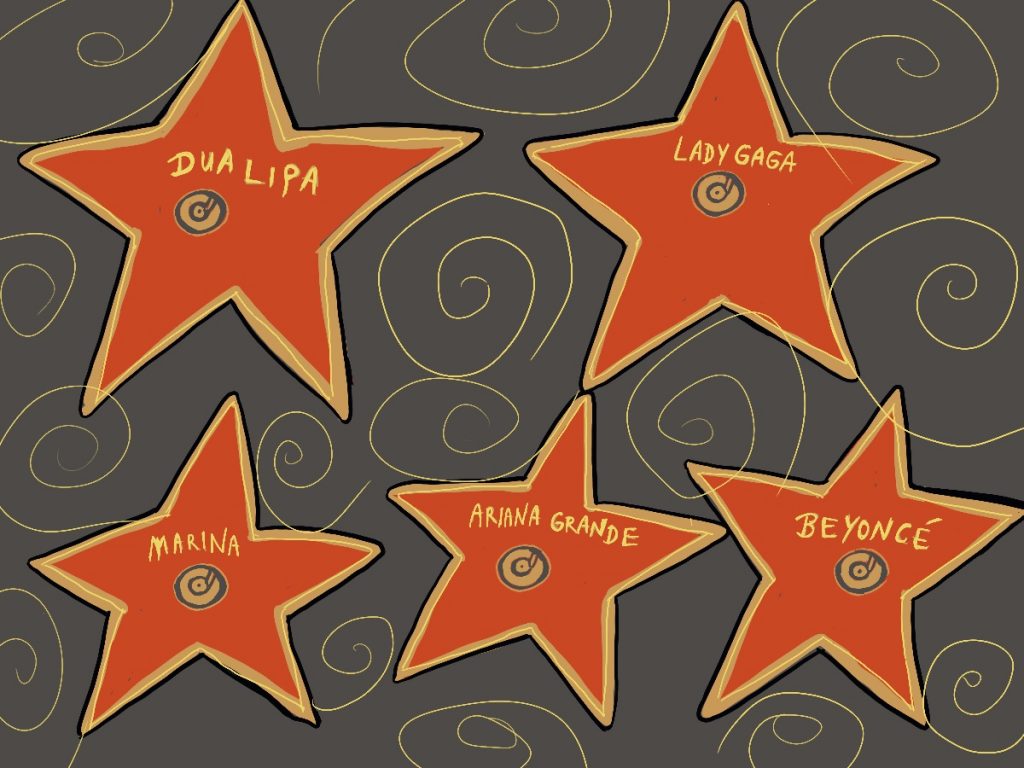 Zeichnung von fünf Sternen auf dem Walk of Fame auf denen Dua Lipa, Lady Gaga, Marina, Ariana Grande und Beyoncé steht