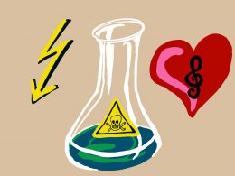 Zeichnung eines Erlenmeyerkolben mit Gift, ein Herz mit Notenschlüssel und ein Blitz