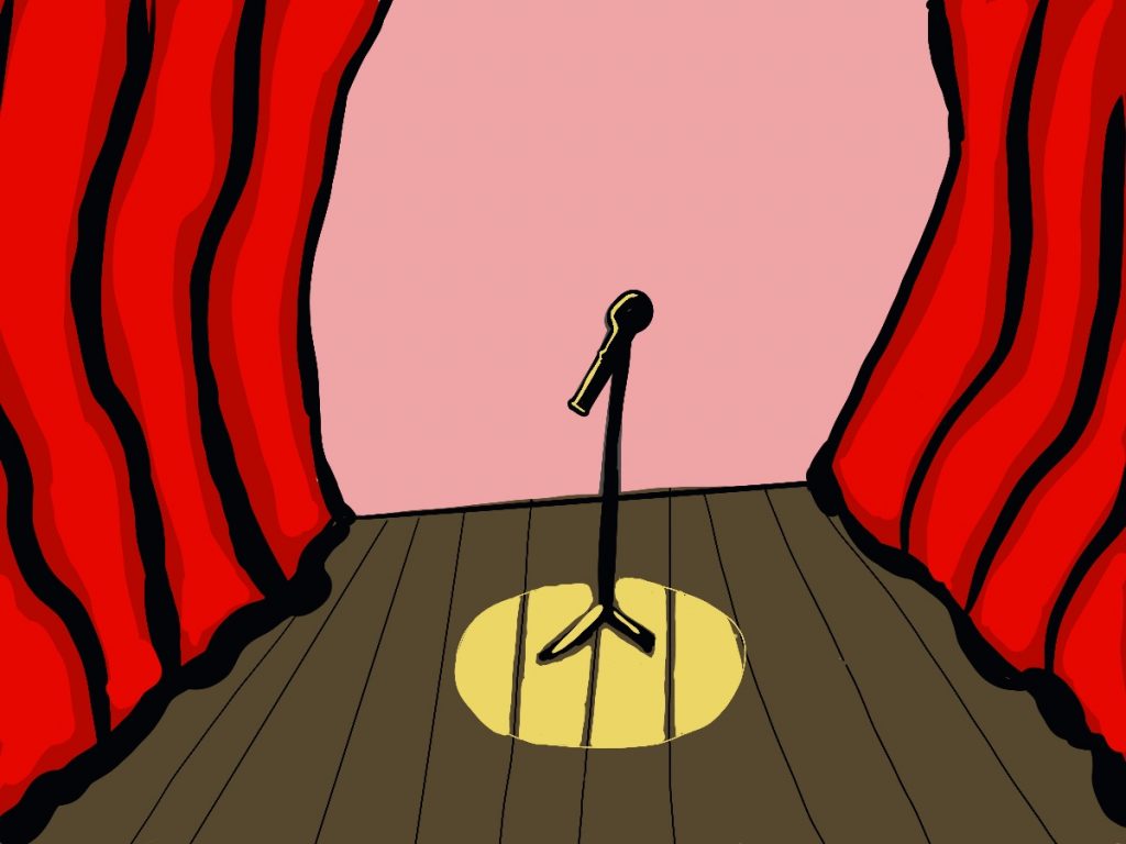 Zeichnung einer Bühne, auf der ein Mikrofon steht auf das ein Scheinwerferlicht scheint. Drumherum ist ein roter Vorhang