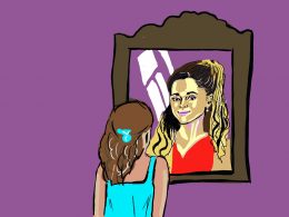 Zeichnung eines kleinen Mädchens vor einem Spiegel, in dem sie nicht ihr eigenes Spiegelbild sieht, sondern Ariana Grande