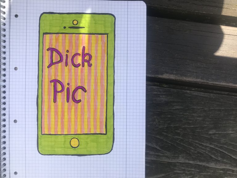 Zeichnung eines Handys mit den Schriftzug Dick Pic auf dem Display
