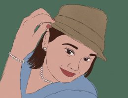 Portrait einer Frau, die sich mit der Hand keck an den Hut greift