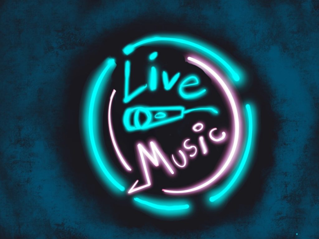 blauer und pinker Schriftzug, der Live Music schreibt im Stile einer Leuchtreklame. In der Mitte ist ein Mikophonsymbol und runderherum zwei Kreise