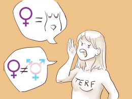 Frau mit Aufschrift TERF gestikuliert und hat zwei Sprechblasen: einerseits Emoji für Frauen ist gleich Körper mit Brüsten und Vulva und andererseits Emoji für Frauen ist ungleich Emoji für trans Menschen