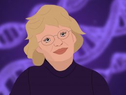 Portrait von Nancy Hopkins mit lila DNA-Doppelhelix im Hintergrund