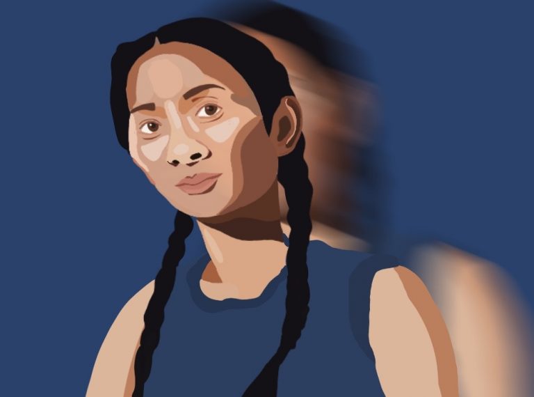 Gezeichnetes Portrait von Cloé Zhao mit blauen Hintergrund