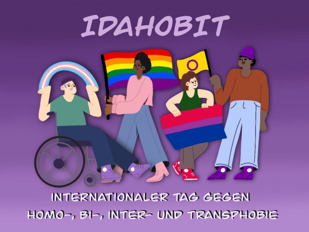 Internationaler Tag gegen Homo-, Bi-, Inter-und Transphobie, Zeichnung mit verschiedenen Personen und Regenbogenfahne