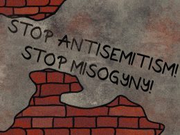 Illustration einer Backsteinmauer mit einem Schriftzug auf dem "Stop Antisemitism! Stop Misogyny" steht.