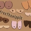 Auf braunem Hintergrund sind verschiedene Nippel zu sehen, in allen Formen und Farben. In der Mitte ist ein Schriftzug mit "#freethenipple"