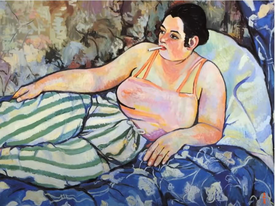 Man sieht einen Screenshot aus der erwähnten Arte-Doku. Es handelt sich um ein Öl-Gemälde, gemalt von Suzanne Valadon. Darauf liegt eine gemalte Frau lässig auf einem blauen Bett, sie hat eine Zigarette im Mund und guckt ein wenig gelangweilt nach links. Sie trägt eine grün-gestreifte Hose und ein rosa Top.