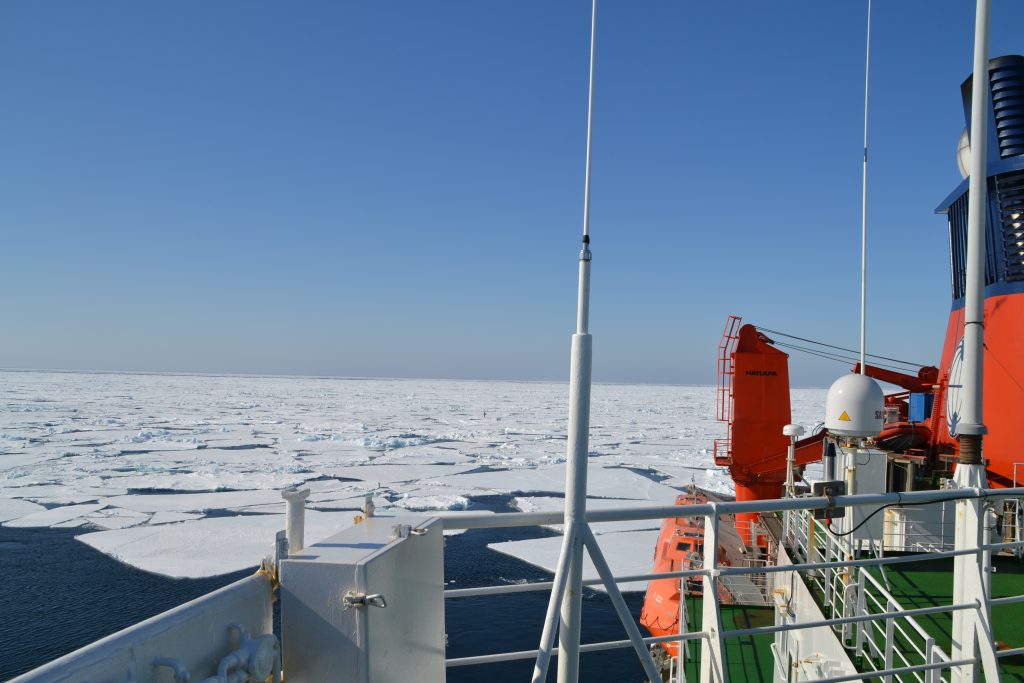 Teile eines Schiffes, vorne erkennt man dunkles Wasser, auf dem Eisschollen treiben. Das Eis reicht bis zum Horizont.