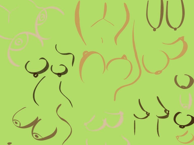 grüner Hintergrund, abstrakte, diverse weiblich gelesene Körper und Brüste