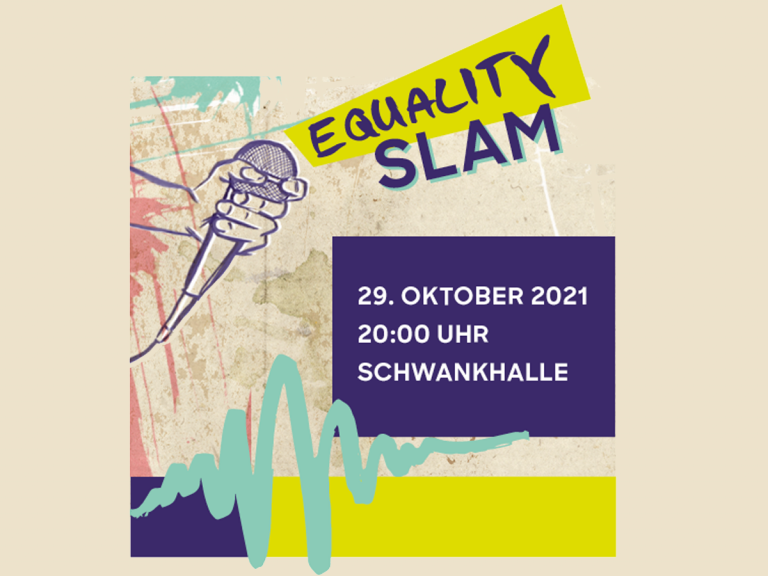 Equality Slam, 29. Oktober 2021, Schwankhalle, Veranstallltungsbild, Pop-Art, eine Hand mit Mikrofon, alles gezeichnet und Bunt in Blau, lila, Grün, Rosa