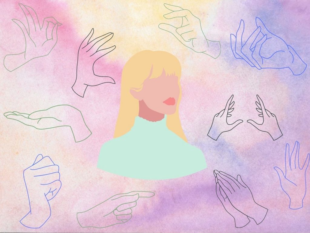 abstrakte blonde Frau in der Mitte, Gebärdenzeichen um sie herum, lila-pinker verwischter Hintergrund