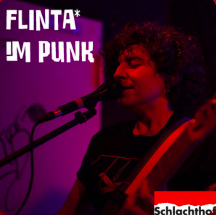 Bild hat die Aufschrift Flinte im Punk* und zeigt eine Frau mit einer Gitarre am Mikrofon