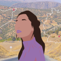 syrische Berge im Hintergrund, Frau ohne Augen und Nase im Vordergrund, lila Pulli, lila Lippen, Umrisse von Deutschland und Kurdistan rechts und links von ihr