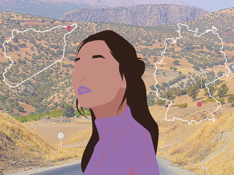syrische Berge im Hintergrund, Frau ohne Augen und Nase im Vordergrund, lila Pulli, lila Lippen, Umrisse von Deutschland und Kurdistan rechts und links von ihr