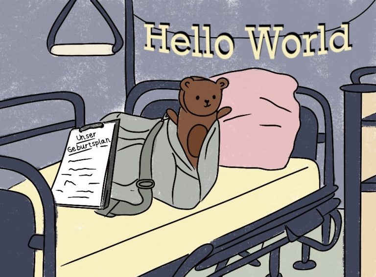 Zeichnung eines Krankenhausbetts, auf dem eine Tasche mit Teddy liegt und ein Klappbrett mit der Beschriftung: Unser Geburtsplan