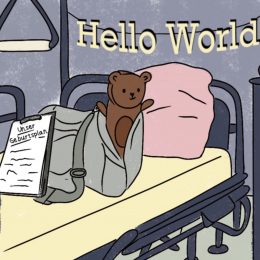 Zeichnung eines Krankenhausbetts, auf dem eine Tasche mit Teddy liegt und ein Klappbrett mit der Beschriftung: Unser Geburtsplan