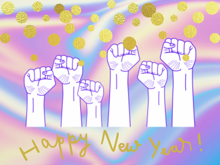 Fäuste ragen in die Höhe. Lila-neon Hintergrund. Davor goldene Konfetti und Schriftzug "Happy New Year!"