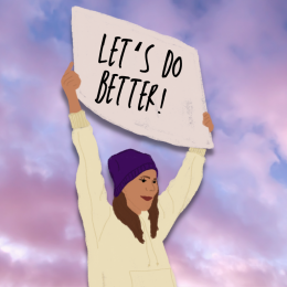 gezeichnete Person mit lila Mütze und langen brauen Haaren hält ein Schild hoch, auf dem "Let's do better!" steht, lila-blau-weiße Wolken als Hintergrund