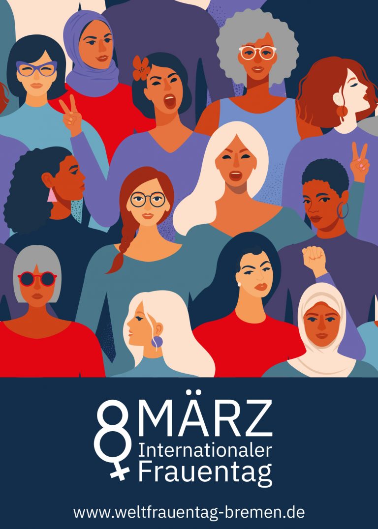 Zeichnung vieler unterschiedlicher Frauen Schriftbanner 8.März Internationaler Frauentag