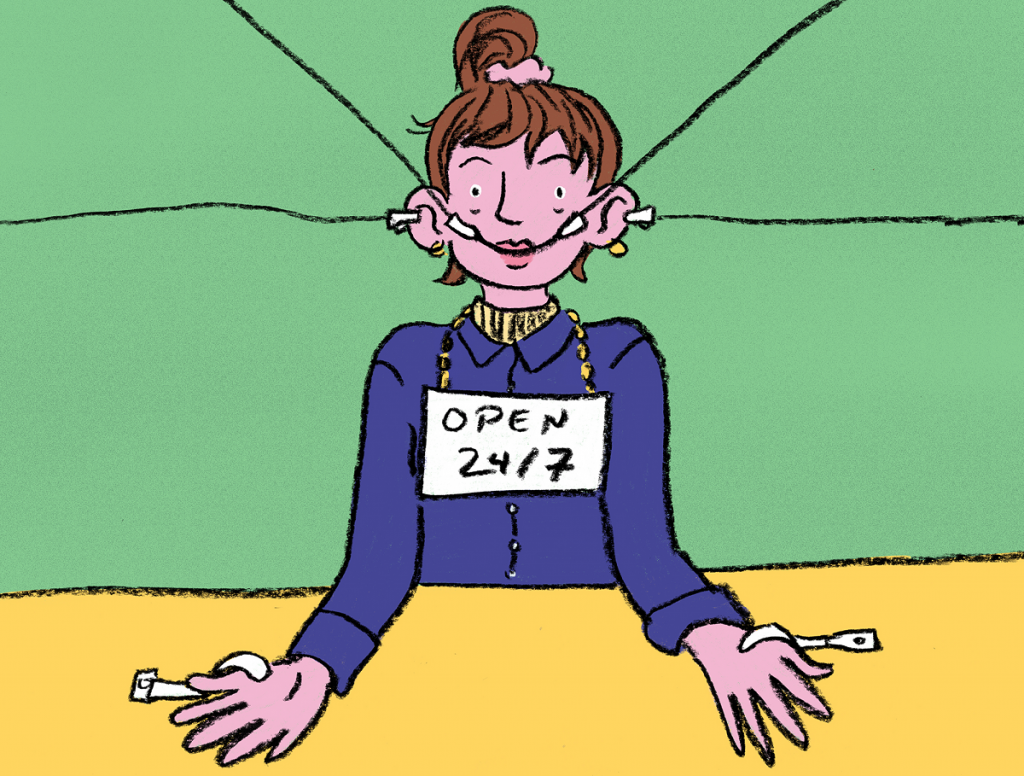 gezeichnete Person mit Zopf vor grünen Hintergrund, beide Ohren und Mundwinkel sind mit einem Klipp an Strippen befestigt und nach außen gezogen, die Hände sind für eine offene Geste am Tisch befestigt