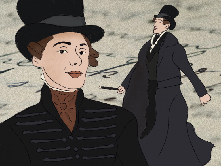 Eine Illustration von Anne Lister. Links ist ihr Gesicht und Oberkörper in der Nahaufnahme. Rechts ist ihr ganzer Körper. Auf beiden Darstellungen trägt sie schwarze Kleidung und einen schwarzen Zylinder