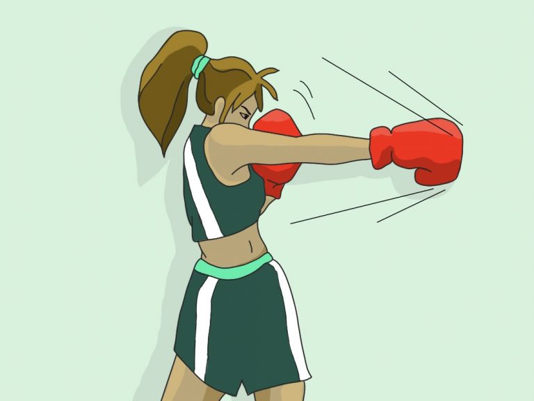 Frau in Sportkleidung und roten Boxhandschuhen betreibt Kampfsport
