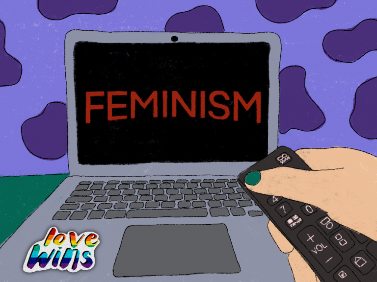 Eine Hand mit einer Fernbedienung zeigt auf einen Laptop auf welchem in roter Schrift "Feminism" steht
