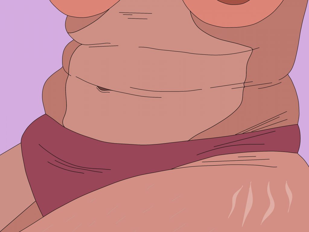 Ein Ausschnitt eines nicht-gertenschlanken Frauenkörpers vor violettem Hintergrund