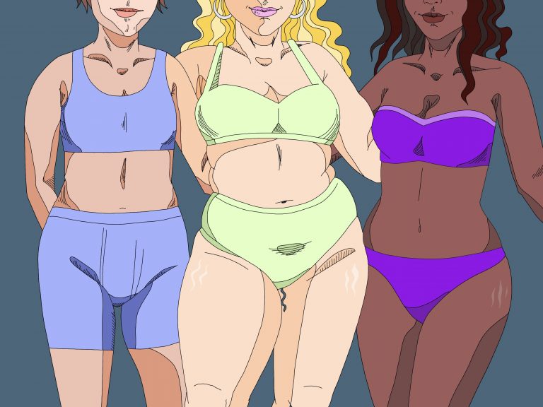 Drei diverse FLINTA*-Personen stehen in Bikini und Arm in Arm nebeneinander