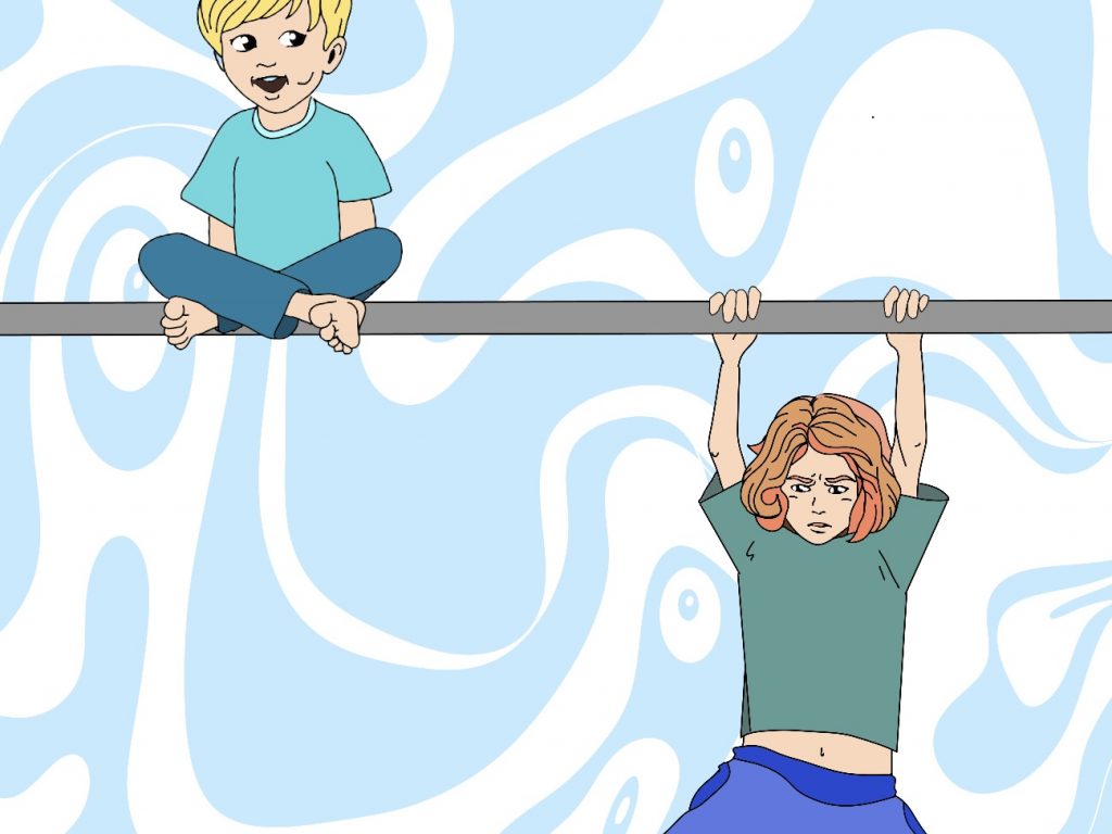 Junge sitzt im Schneidersitz lachend auf einem Balken an dem ein Mädchen angestrengt schauend hangelt. Blau-weiß verzierter Hintergrund.