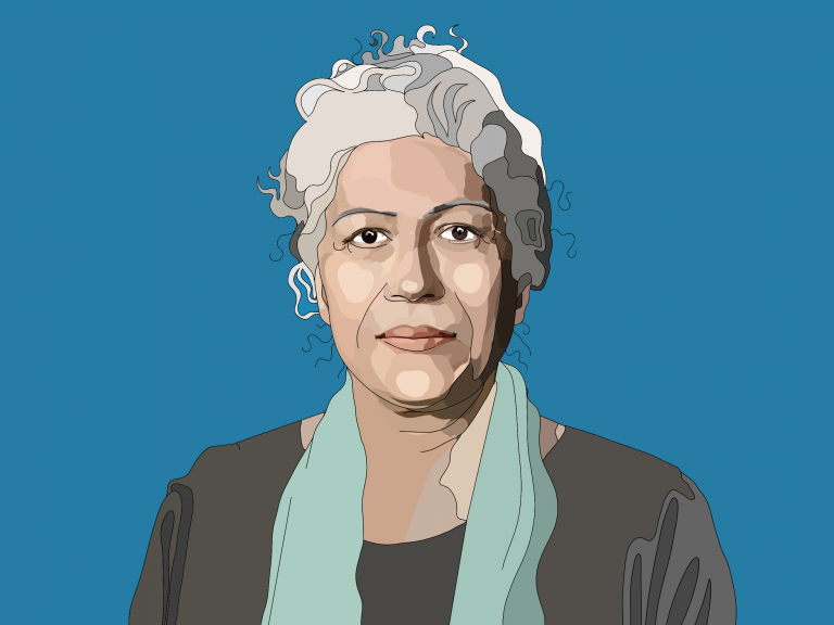 Gezeichnetes Portrait einer Frau mit grauen Haaren und einem blauen Schal, die Frau ist Raja Bannout
