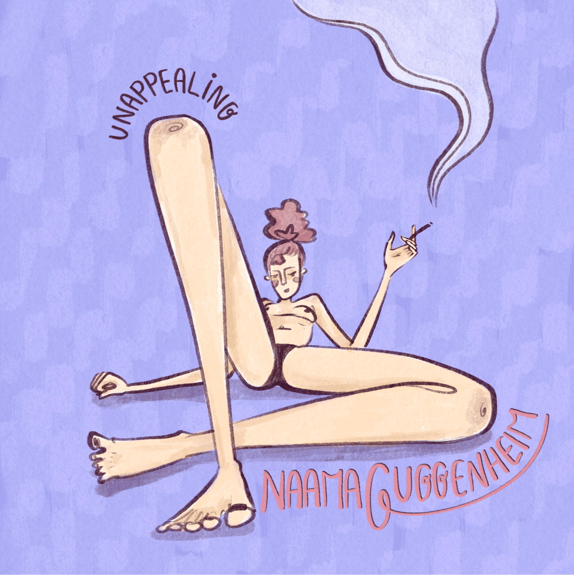 Albumcover Naama Guggenheim mit einer gezeichneten Frau die rauchend nur mit einem Slip bekleidet entspannt liegt