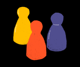 Drei farbige Spielefiguren vor einem schwarzen Hintergrund