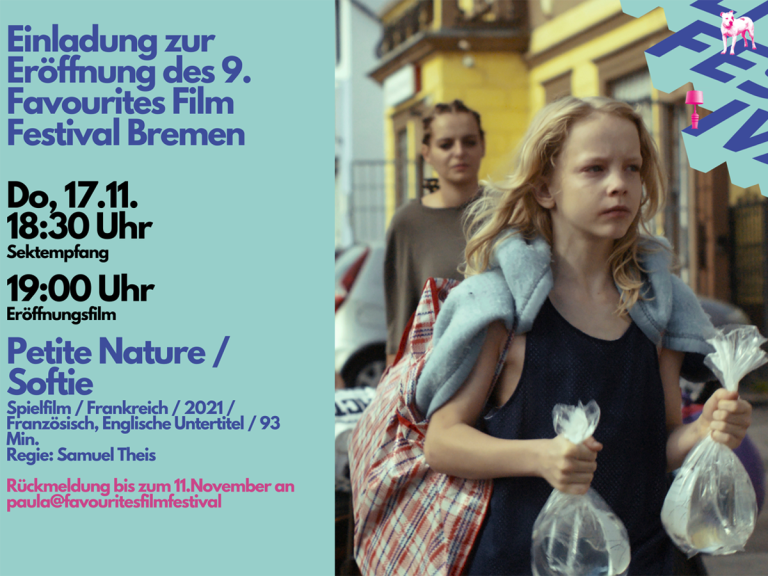 Einladungsplakat, rechte Hälfte, Kind mit zwei Plastiktüten voll Wasser in der Hand, im Hintergrund steht eine Frau. Linke Seite Einladungsdaten zum Favourites Film Festival Bremen 17.11. um 18:30