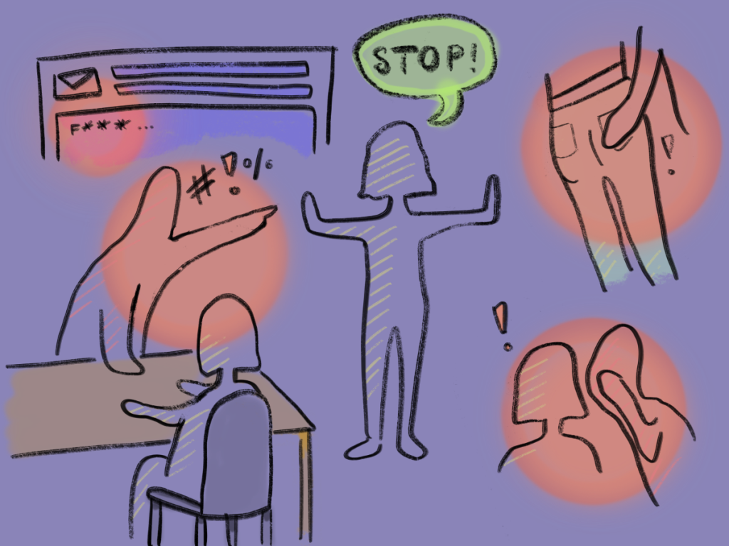Zeichnung von einer Person die über eine Sprechblase "Stop" sagt und umzingelt ist von verschiedenen anderen Personen die tuscheln oder sich beschweren und Formen von Gewalt ausüben