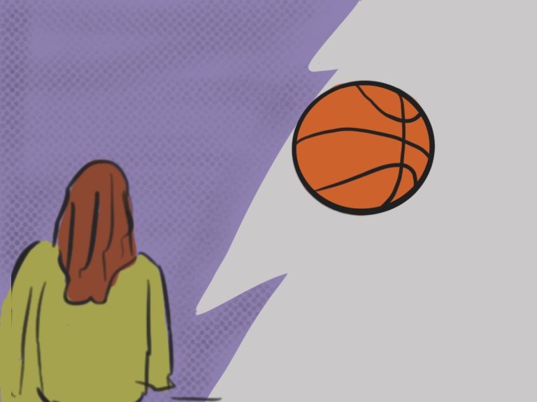 Gezeichnete Rückansicht einer langhaarigen Person mit Blick auf einen Basketball in der Luft. Der Hintergrund ist blitzartig geteilt