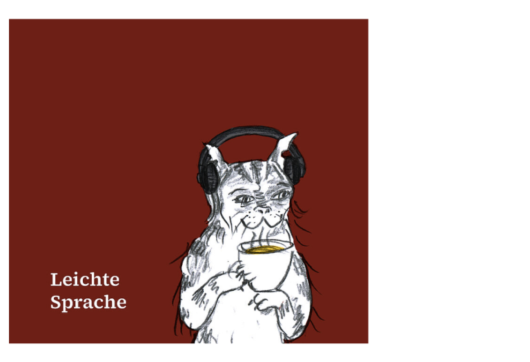 Bremer Sprachmusikanten in leichter Sprache gelesen. Gezeichnete Katze von Illustratorin Anke Bär. Die Katze trägt Kopfhörer.