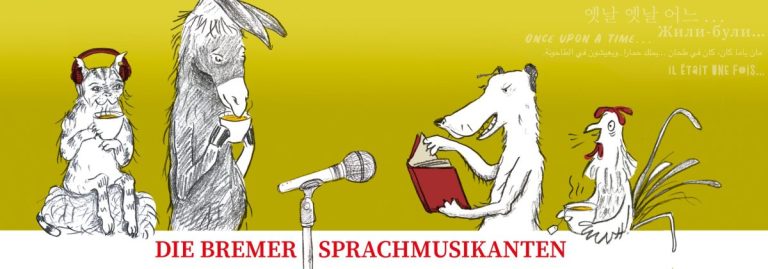 Header-Bild "Die Bremer Sprachmusikanten." Grüner Hintergrund, v.l.n.r: Katze, Esel, Hund, Hahn